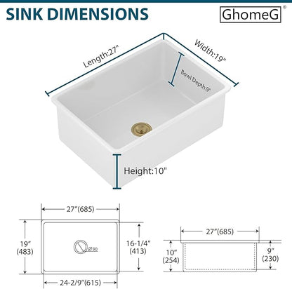 White Undermount Kitchen Sink 27 Inch Fireclay Porcelain Pure White Kitchen Sink 27"x19"x10" Dual Mount Single Bowl Glossy - Gold Drain