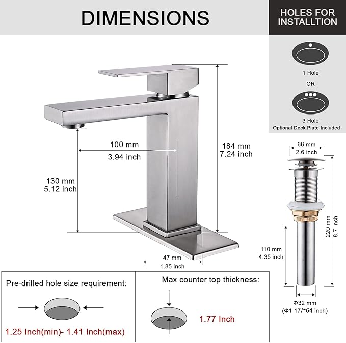 AVSIILE Brushed Nickel Bathroom Faucet, Single Hole Vanity Bath Faucet, Single Handle Modern Stainless Steel Bathroom Faucets for Sink 1 Hole with Pop Up Drain Stopper & Water Supply Hoses