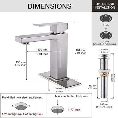 AVSIILE Brushed Nickel Bathroom Faucet, Single Hole Vanity Bath Faucet, Single Handle Modern Stainless Steel Bathroom Faucets for Sink 1 Hole with Pop Up Drain Stopper & Water Supply Hoses
