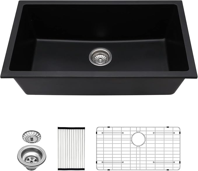 Lordear 31 Granite Composite Kitchen Sink Black 31X18 Inch Undermount Sinks Granite Composite Single Bowl Under Kitchen Sinks with Accessories