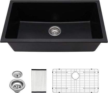 Lordear 31 Granite Composite Kitchen Sink Black 31X18 Inch Undermount Sinks Granite Composite Single Bowl Under Kitchen Sinks with Accessories