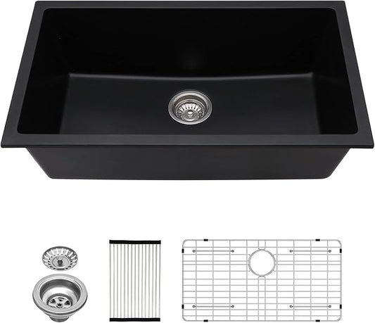 Lordear 31 Granite Composite Kitchen Sink Black 31X18 Inch Undermount Sinks Granite Composite Single Bowl Under Kitchen Sinks with Accessories