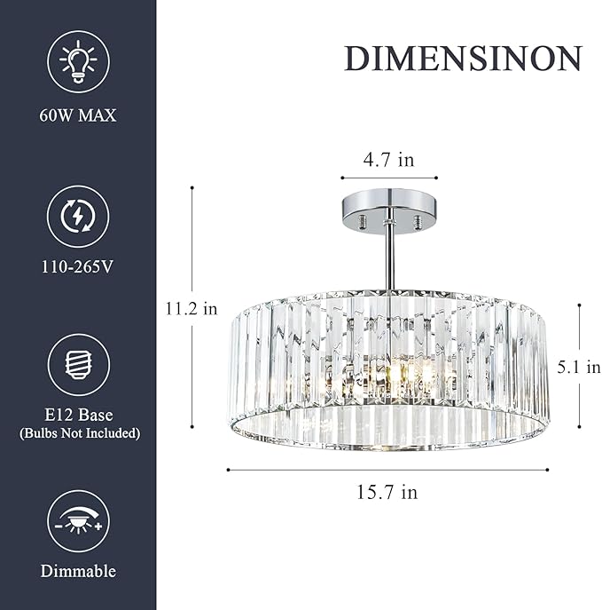Pevfah Crystal Chrome Ceiling Light, Modern Semi Flush Mount Ceiling Lighting Fixture, Round Hallway Lighting Fixtures Chandelier for Kitchen Entryway Bedroom Dining Room, 3-Light, 15.7 Inch