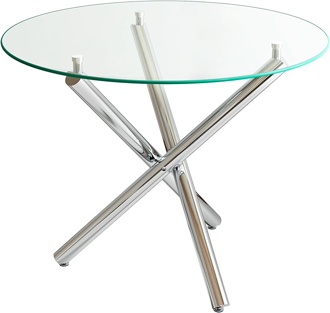 Pvillez 36“ Round Dining Table for 4, Contemporary Tempered Glass Dining Table, Small Dinner Table with Silver Cross Metal Base, Round Clear Kitchen Table Writing Desk for Dining Kitchen