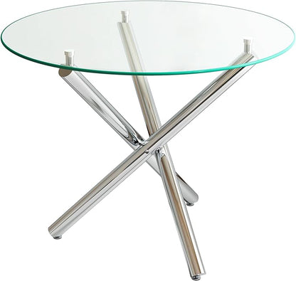 Pvillez 36“ Round Dining Table for 4, Contemporary Tempered Glass Dining Table, Small Dinner Table with Silver Cross Metal Base, Round Clear Kitchen Table Writing Desk for Dining Kitchen