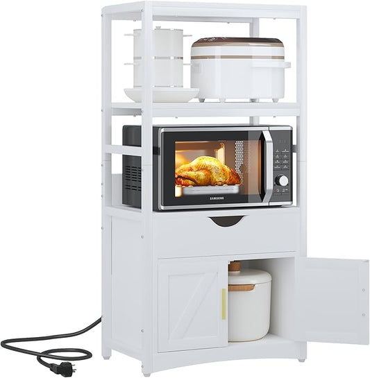 VECELO 2-Tier Kitchen Pantry Storage Cabinet with Charging Station, Freestanding Tall Cupboard with Wider and Taller Microwave Space, Farmhouse Style with Shelves and Drawer,White
