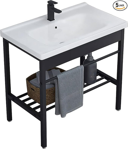 Freestanding Bathroom Console Sink, Bathroom Vanity with Sink, 28.3" x 19" x 32.3" Ceramic Console Sink Set With Bracket, Utility Sink for Laundry Room, Washing Room, Garage, Basement, Outdoor, Indoor
