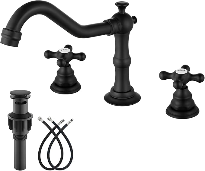 gotonovo Bathroom Faucet 3 Hole 8 Inch Widespread Bathroom Sink Faucet 2 Cross Handles Vintage Lavatory Vanity Mixer Tap with Pop Up Drain, Round Font Label, Matte Black