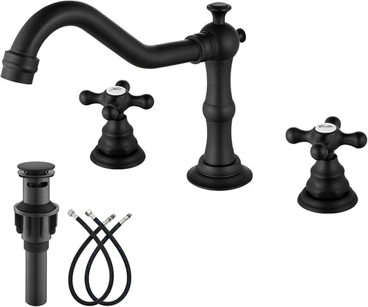 gotonovo Bathroom Faucet 3 Hole 8 Inch Widespread Bathroom Sink Faucet 2 Cross Handles Vintage Lavatory Vanity Mixer Tap with Pop Up Drain, Round Font Label, Matte Black