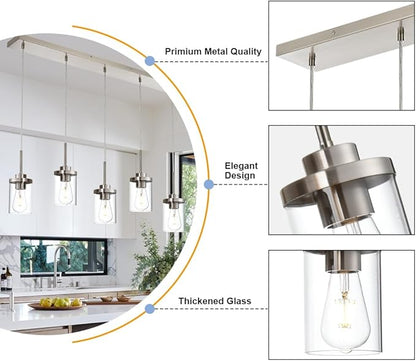 5 Lights Island Lights for Kitchen Modern Industrial Brushed Nickel Linear Chandeliers with Clear Glass Shade for Dining Room Kitchen Long Finish Ceiling Lighting Fixtures