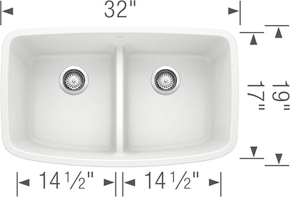 Valea Equal Double Bowl Kitchen Sink with Low Divide, White