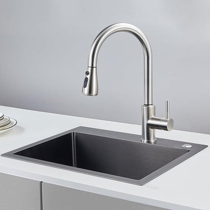 22x18 Inch Drop in Kitchen Sink, Handmade 304 Black Stainless Steel Sink, 9" Deep Single Bowl, Topmount with 2 Holes, R10 Tight Corner, for Modern Kitchen/RV/Bar Sink