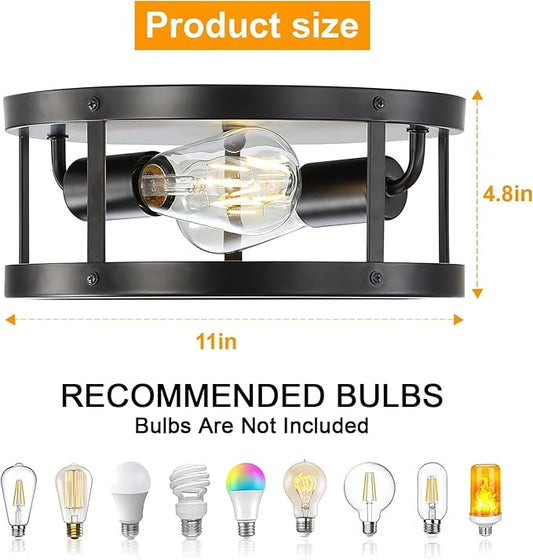 2 Pack Flush Mount Ceiling Lights, Black Metal Close to Ceiling Light Fixtures, Farmhouse 11 Inch Industrial Indoor Ceiling Lamp for House Kitchen Bedroom Hallway