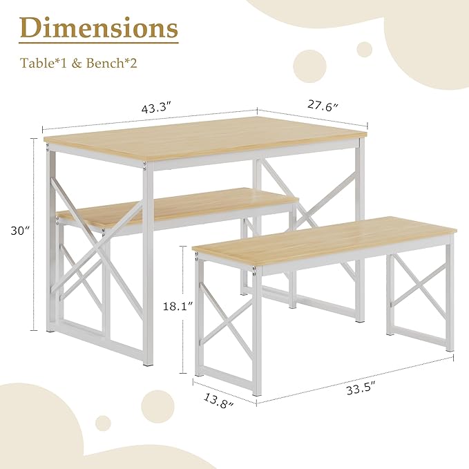 VECELO Kitchen Dining Table Benches Set for 4, 43.3" Wooden Dinette with 2 Benches, Heavy-Duty Dining Room Table for Small Space, Breakfast Nook, Natural Oak