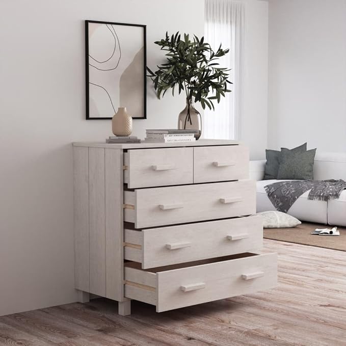 White Solid Pinewood Sideboard, Modern Buffet Cabinet with 5 Drawers, Sliding Doors, 15.7x31.1x31.5 Inch Storage for Living Room, Dining Room Kitchen Furnitur