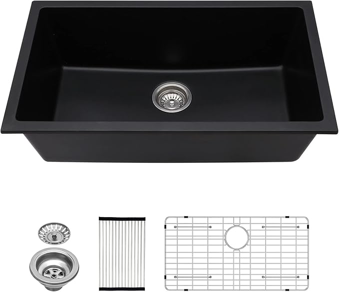 Lordear Black Kitchen Sink 33 Inch Undermount Sinks Quartz Granite Composite Black Single Bowl Under Kitchen Sinks 33x19 Inch