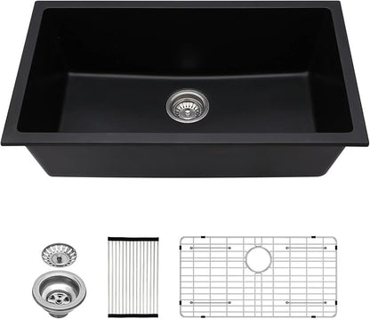 Lordear Black Kitchen Sink 33 Inch Undermount Sinks Quartz Granite Composite Black Single Bowl Under Kitchen Sinks 33x19 Inch