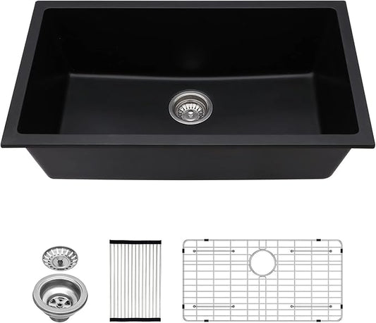 Lordear Black Kitchen Sink 33 Inch Undermount Sinks Quartz Granite Composite Black Single Bowl Under Kitchen Sinks 33x19 Inch