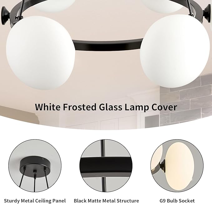 Black Wagon Wheel Chandelier, 6-Light Globe Chandelier, Mid Century Dining Room Light Fixture with Milk Glass Shades