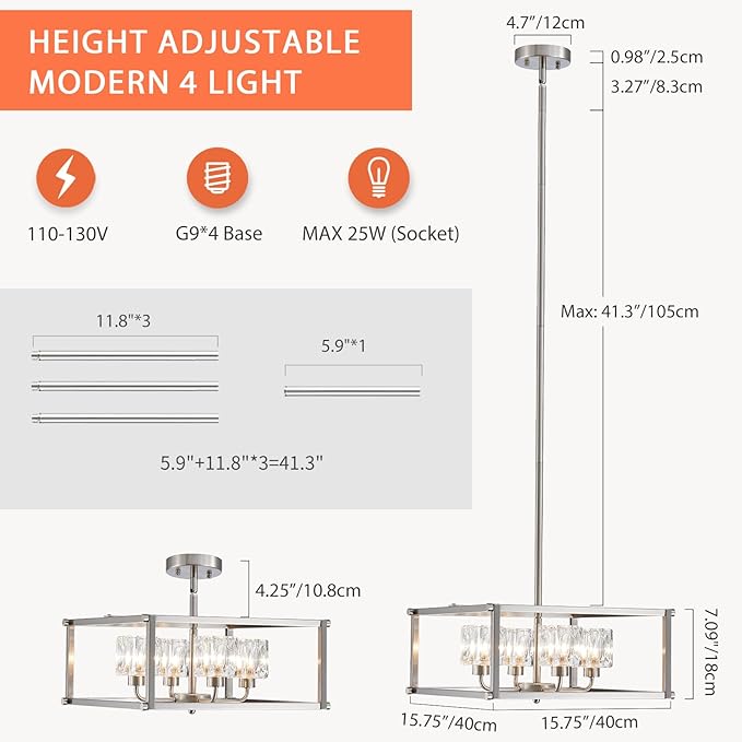 4-Light Farmhouse Chandelier for Dining Room, Modern Brushed Nickel Light Fixture,Pendant Light for Kitchen, Living Room, Hallway, Bedroom, Foyer, Stylish Home Décor