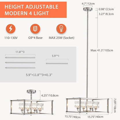 4-Light Farmhouse Chandelier for Dining Room, Modern Brushed Nickel Light Fixture,Pendant Light for Kitchen, Living Room, Hallway, Bedroom, Foyer, Stylish Home Décor