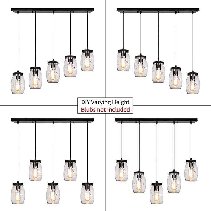 5-Light Glass Mason Jar Light Fixtures, Farmhouse Kitchen Island Pendant Lighting, Rustic Adjustable Height Jar Ceiling Lights for Over Sink, Dining Room, Foyer, Stairway, Hallway, Entryway, Porch