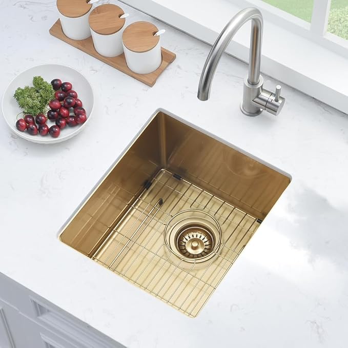 Gold Bar Sink Undermount, 15 x 17 Inches Small Kitchen Prep Sink for Wet Bar Outdoor RV 16 Gauge SUS304 Stainless Steel Single Bowl