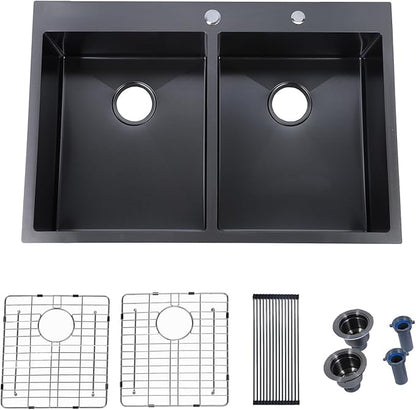 SHACO 33x22 Black 50/50 Double Bowl Drop In Kitchen Sink, 33 Inch Top Mount Gunmetal Black 16 Gauge Stainless Steel Kitchen Sink with Grid and Accessories