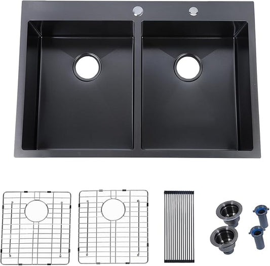 SHACO 33x22 Black 50/50 Double Bowl Drop In Kitchen Sink, 33 Inch Top Mount Gunmetal Black 16 Gauge Stainless Steel Kitchen Sink with Grid and Accessories