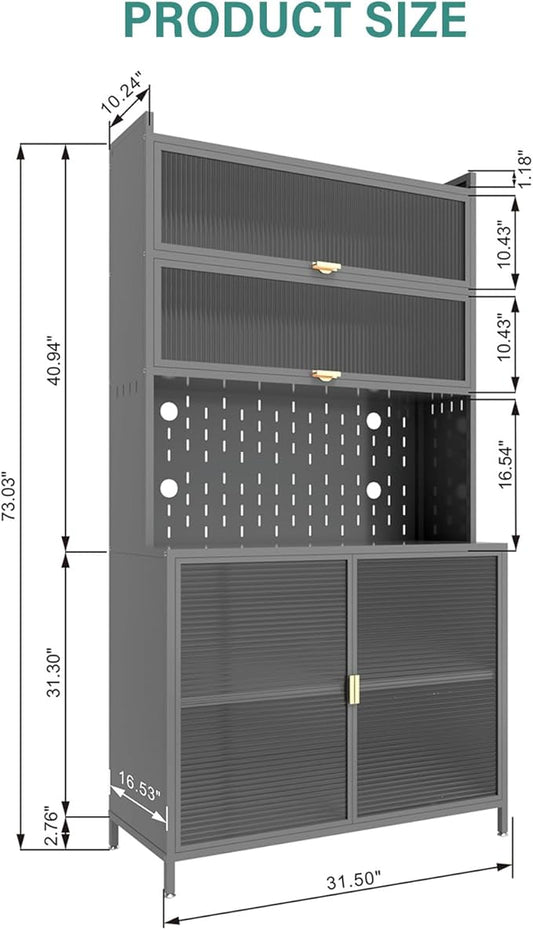 73" Pantry Cabinet,Metal Pantry Storage Cabinet，White Kitchen Hutch with Microwave Shelf & 6 Acrylic Panels Door Adjustable Shelves,Anti-Tip Design Hutch for Dining Room, Living Room