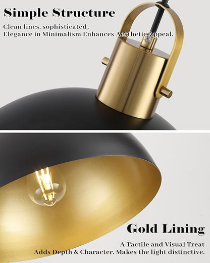 Black and Gold Pendant Light 2 Pack, 11.8 Inch Pendant Lights Kitchen Island, Black Dome Pendant Lights, Island Pendant Light for Kitchen, Dining Room, Living Room