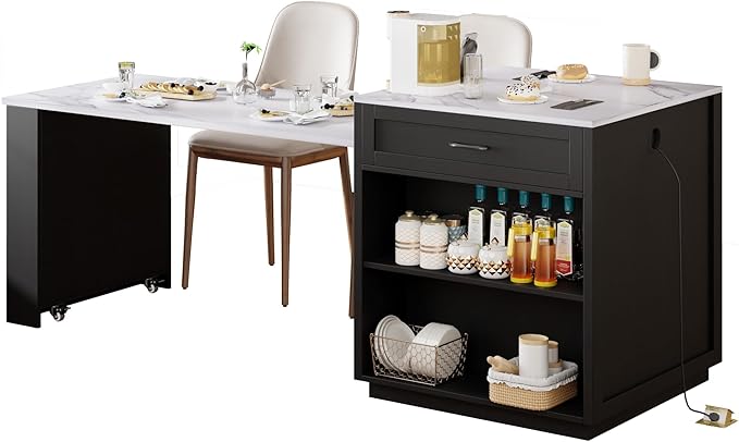 Ball & Cast 83" Kitchen Island with Extendable Dining Table,2-Tone Kitchen Table W/Double-Sized Storage,Power Outlet,Kitchen Islands W/ 2 Storage Drawers & 2 Side Open Shelves,for 4-6 Person,Black