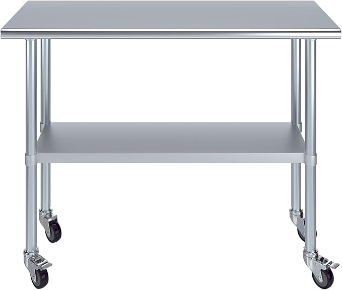 Stainless Steel Work Table with Wheels | NSF Kitchen Island Food Prep | Laundry Garage Utility Bench (Table + Wheels, 48" Long x 18" Deep)