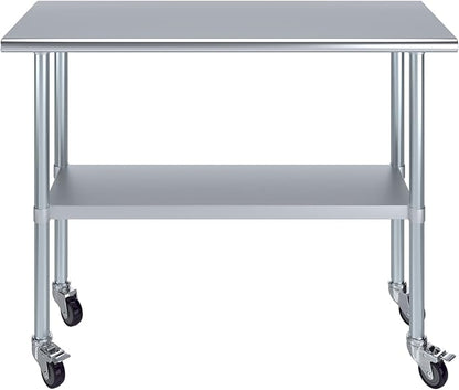 Stainless Steel Work Table with Wheels | NSF Kitchen Island Food Prep | Laundry Garage Utility Bench (Table + Wheels, 48" Long x 18" Deep)