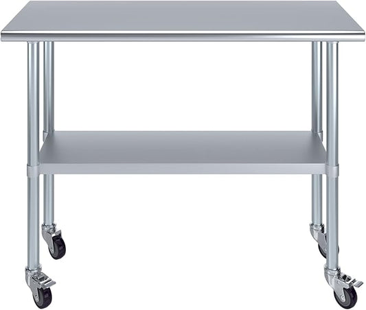 Stainless Steel Work Table with Wheels | NSF Kitchen Island Food Prep | Laundry Garage Utility Bench (Table + Wheels, 48" Long x 18" Deep)