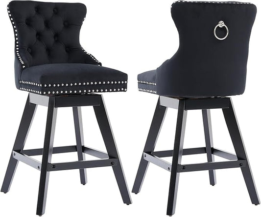 DONICK Velvet Swivel Counter Height Bar Stools,Modern Upholstered Bar Chairs Nailhead Backrest Pull Ring Solid Wood for Bar,Kitchen Island,Pub,Dining Room,Cafe(Black,Set of 2)