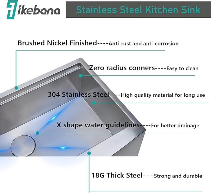 IKEBANA 33 x 20 Inch Farmhouse Kitchen Sink, 16 Gauge Stainless Steel Apron Front Workstation Undermount Single Bowl Sink with Accessories