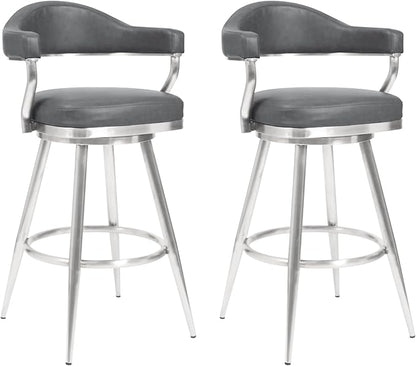 Armen Living Justin Modern Farmhouse 30" Seat Height Swivel Vintage Gray Faux Leather Bar Stool with Brushed Stainless Steel Legs for Kitchen Island Counter, Set of 2