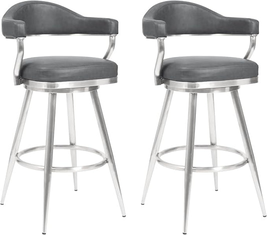 Armen Living Justin Modern Farmhouse 30" Seat Height Swivel Vintage Gray Faux Leather Bar Stool with Brushed Stainless Steel Legs for Kitchen Island Counter, Set of 2