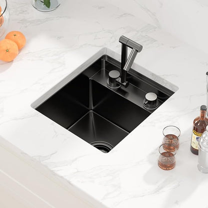 Sarlai Black Outdoor Sink, 15x17 Inch Undermount Kitchen Sink Workstation with Foldable Faucet Bar Prep Single Bowl Gunmetal Black 16 Gauge Stainless Steel Sinks with Cover,BBQ Sinks Outside