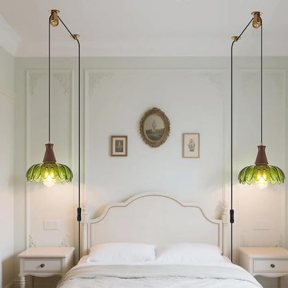 YLONG-ZS Vintage Plug in Pendant Light, Boho Hanging Lamp Plug in Pulley Green Glass Pendant Lamp, Modern Walnut Color Wood Hanging Light for Kitchen Island, Bedroom, Dining Room, Living Room