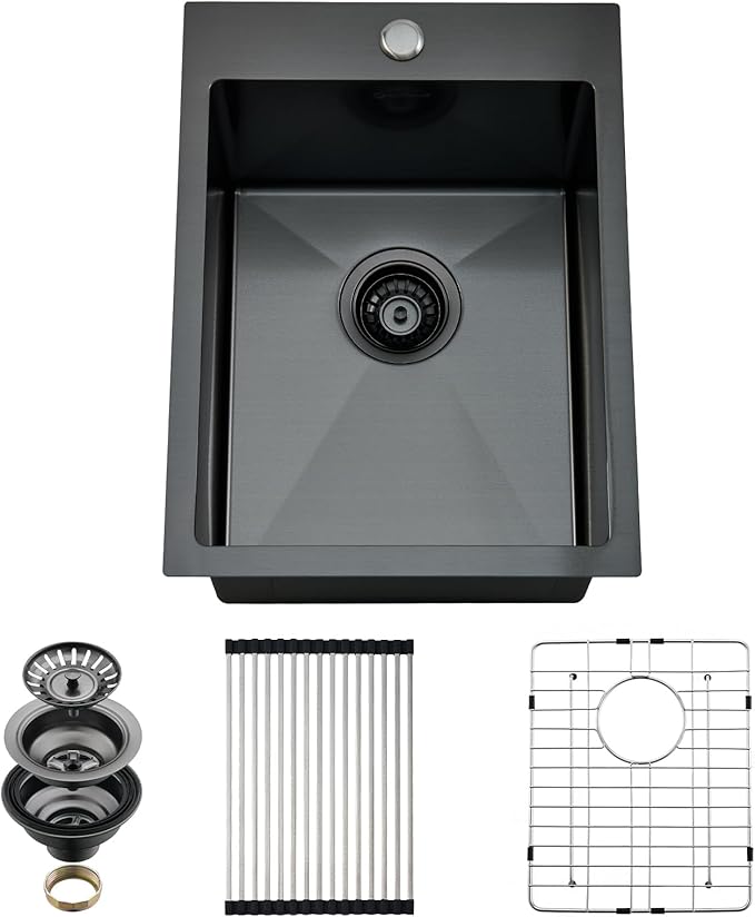 Drop In Kitchen Sink, 15 x 20 Inch Single Bowl Topmount Small Bar Sink 16 Gauge T-304 Stainless Steel Gunmetal Black Kitchen Sinks
