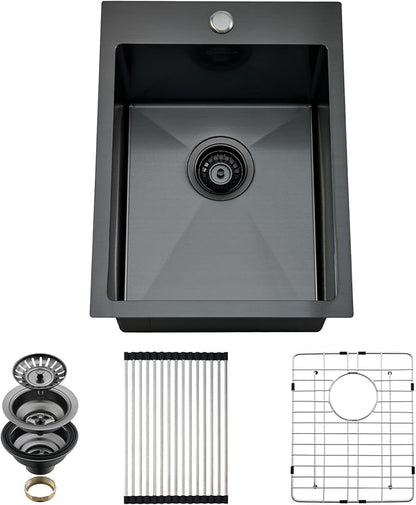 Drop In Kitchen Sink, 15 x 20 Inch Single Bowl Topmount Small Bar Sink 16 Gauge T-304 Stainless Steel Gunmetal Black Kitchen Sinks