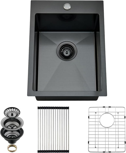 Drop In Kitchen Sink, 15 x 20 Inch Single Bowl Topmount Small Bar Sink 16 Gauge T-304 Stainless Steel Gunmetal Black Kitchen Sinks