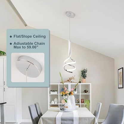 EIDISUNY Modern Pendant Light, Spiral LED Pendant Light Fixture, 4500K LED Hanging Lamp, Chrome Chandelier Lights Fixture, 20W Adjustable Pendant Light for Kitchen Island, Dining Room, Bedroom,1 Pack