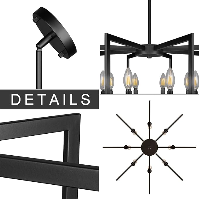 Sigaitwei 8-Light Large Black Chandelier,Dining Room Light Fixture Geometric Metal Modern Chandelier,Hanging Industrial Metal Chandelier for Kitchen Island Entryway Stairway Foyer Hallway.