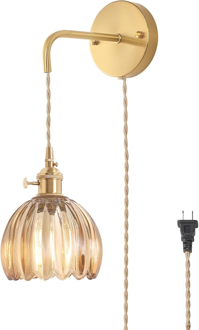 Shenmoyl Vintage Wall Sconce Wall Lamp with Amber Tulip Glass Shade Hanging Wall Sconce with 4.9FT Plug in Cord, Modern Wall Lamp Fixtures Decor for Bedside Bedroom Indoor Doorway