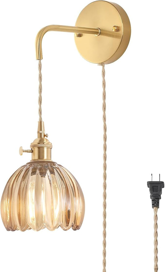 Shenmoyl Vintage Wall Sconce Wall Lamp with Amber Tulip Glass Shade Hanging Wall Sconce with 4.9FT Plug in Cord, Modern Wall Lamp Fixtures Decor for Bedside Bedroom Indoor Doorway