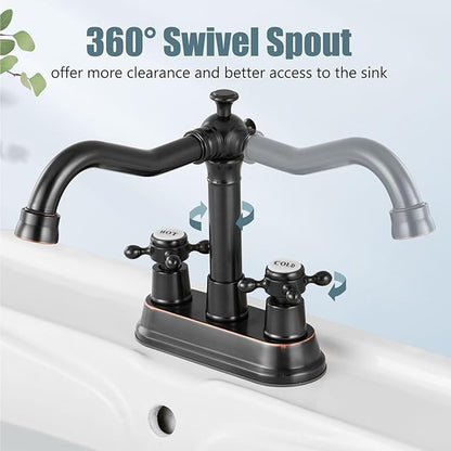 Aolemi 4 Inch Centerset Bathroom Sink Faucet Vintage 2 Cross Handle RV Mixer Tap Basin Vanity Lavatory Utility for Sink 3 Hole Include Hoses Pop Up Drain Faucet Handle with Label Oil Rubbed Bronze