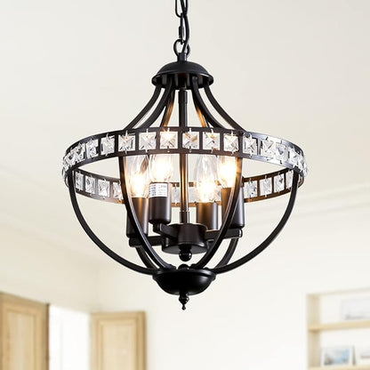 Crystal Chandelier Light Fixtures, 4-Lights Farmhouse Rustic Vintage Black Pendant Hanging Lighting Ceiling Chandeliers for Kitchen Island Dining Room Living Room Bedroom Foyer Hallway